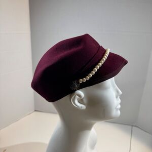 Vintage-style Betmar New York burgundy Baker Boy Hat faux pearl strand strap